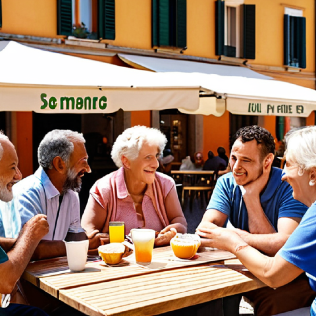 Social Worker in a Community Setting**

*Prompt:* A warm, inviting scene depicting a friendly social worker interacting with diverse members of an Italian community in a sunny piazza. Focus on positive interactions and a sense of belonging. Include elements like a small cafe, children playing, and older adults chatting. Emphasize empathy and connection.

**