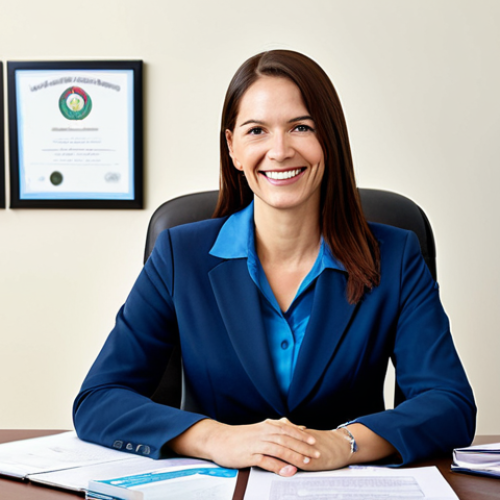 Social Worker in Office Setting**

A professional social worker, fully clothed in modest business attire, sits at a desk in a bright and welcoming office. Shelves behind her are filled with resource materials and framed certifications. She is smiling warmly and looking directly at the viewer. Safe for work, appropriate content, perfect anatomy, correct proportions, natural pose, well-formed hands, proper finger count, natural body proportions, professional, family-friendly.

**