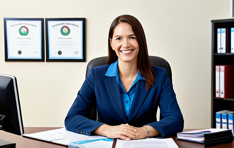 Social Worker in Office Setting**

A professional social worker, fully clothed in modest business attire, sits at a desk in a bright and welcoming office. Shelves behind her are filled with resource materials and framed certifications. She is smiling warmly and looking directly at the viewer. Safe for work, appropriate content, perfect anatomy, correct proportions, natural pose, well-formed hands, proper finger count, natural body proportions, professional, family-friendly.

**