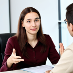 **

"A professional social worker in a modest, practical outfit, sitting in a bright and welcoming office, listening attentively to a client. The client is expressing themselves calmly. Focus on the social worker's empathetic expression and body language. Safe for work, appropriate content, fully clothed, professional, perfect anatomy, natural proportions, well-formed hands, proper finger count, family-friendly."

**