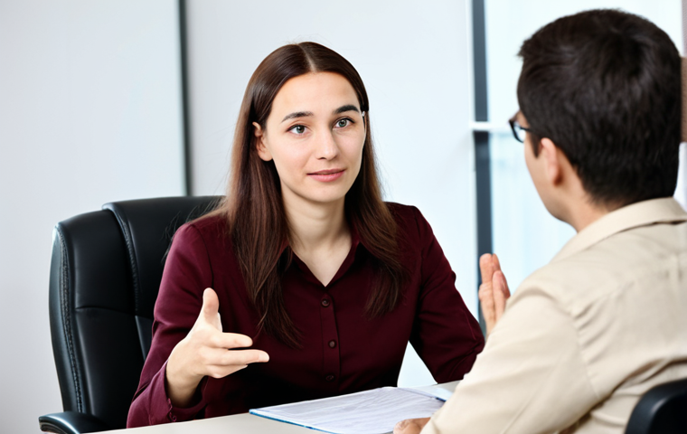 **

"A professional social worker in a modest, practical outfit, sitting in a bright and welcoming office, listening attentively to a client. The client is expressing themselves calmly. Focus on the social worker's empathetic expression and body language. Safe for work, appropriate content, fully clothed, professional, perfect anatomy, natural proportions, well-formed hands, proper finger count, family-friendly."

**