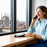 Dedicated Social Worker in Northern Italy**

"A professional female social worker in her late 30s, fully clothed in a modest but stylish business casual outfit (think smart trousers and a blouse), sits at a desk in a bright, modern office in Milan, Italy. Large window overlooking a bustling city street. She is smiling warmly while talking on the phone, looking empathetic. Safe for work, appropriate content, professional, perfect anatomy, well-formed hands, proper finger count, natural pose, high quality."

**
