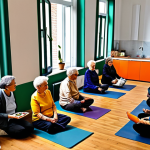 Innovative Elderly Care**

A bright, modern co-working space reimagined as a day center for senior citizens in Bologna, Italy.  Seniors are engaged in various activities: one group is learning to use tablets, another is participating in a gentle yoga class, and a third is enjoying a cooking demonstration of traditional Bolognese cuisine.  The atmosphere is warm and inviting, with large windows providing natural light.  Everyone is fully clothed in comfortable, appropriate attire. Safe for work. Perfect anatomy, natural proportions, high quality rendering, professional photography, family-friendly.

**