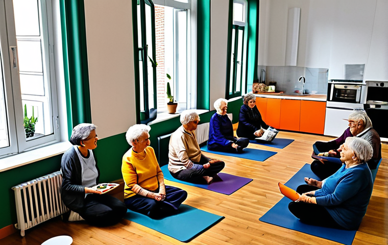 Innovative Elderly Care**

A bright, modern co-working space reimagined as a day center for senior citizens in Bologna, Italy.  Seniors are engaged in various activities: one group is learning to use tablets, another is participating in a gentle yoga class, and a third is enjoying a cooking demonstration of traditional Bolognese cuisine.  The atmosphere is warm and inviting, with large windows providing natural light.  Everyone is fully clothed in comfortable, appropriate attire. Safe for work. Perfect anatomy, natural proportions, high quality rendering, professional photography, family-friendly.

**
