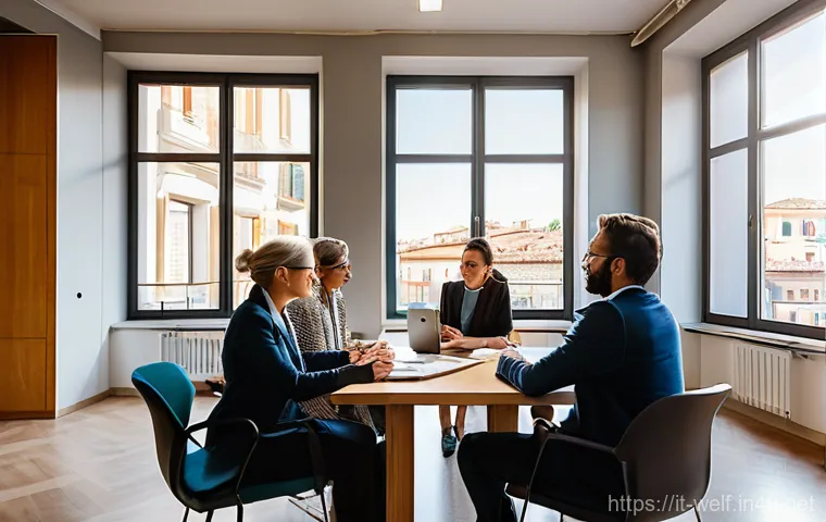 사회복지사 팀워크 기술 향상법 - A diverse team of five social workers, psychologists, and educators, dressed in professional yet com...