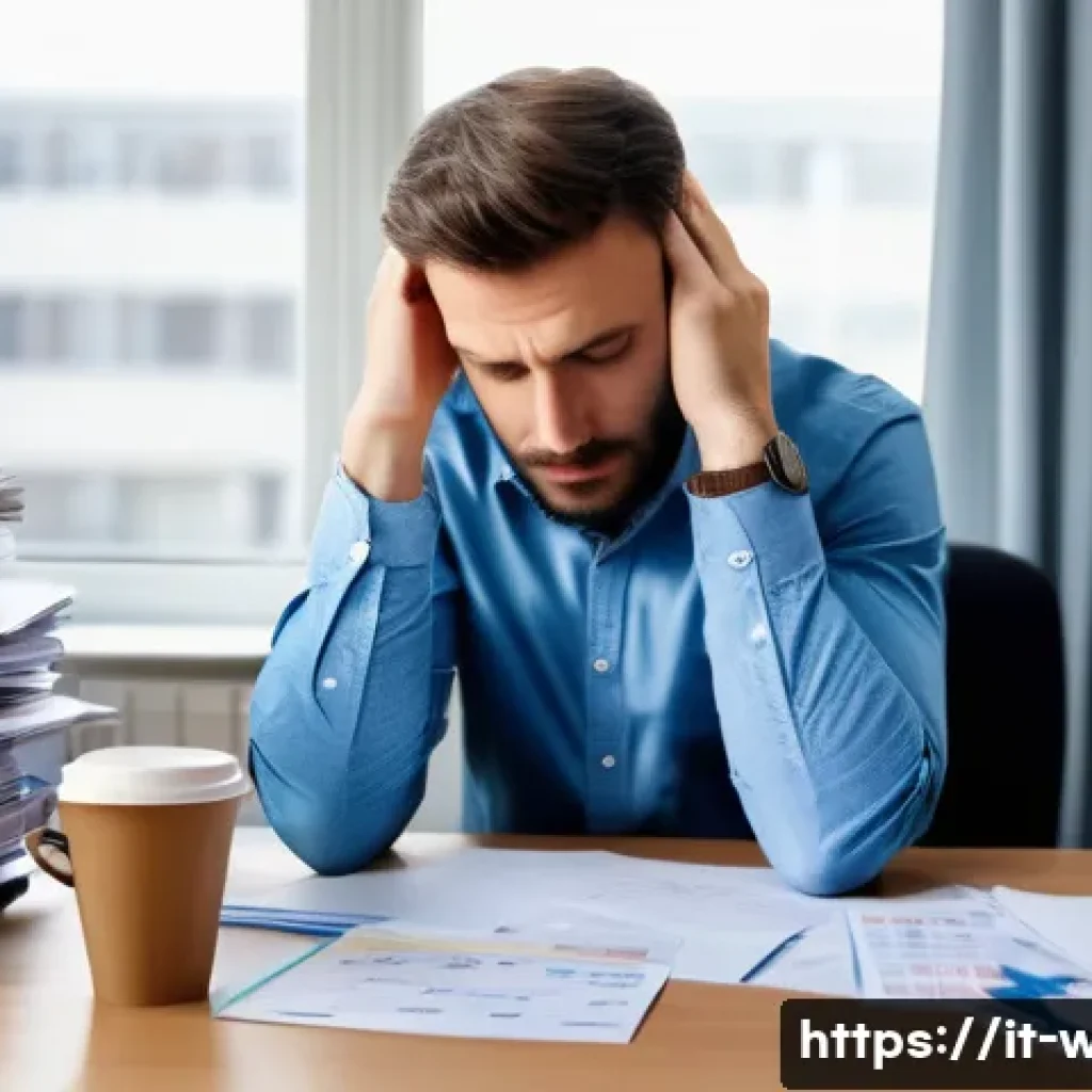 사회복지사 이직 이유 분석 - A stressed social worker sitting at a cluttered desk in a small, modest office filled with paperwork...