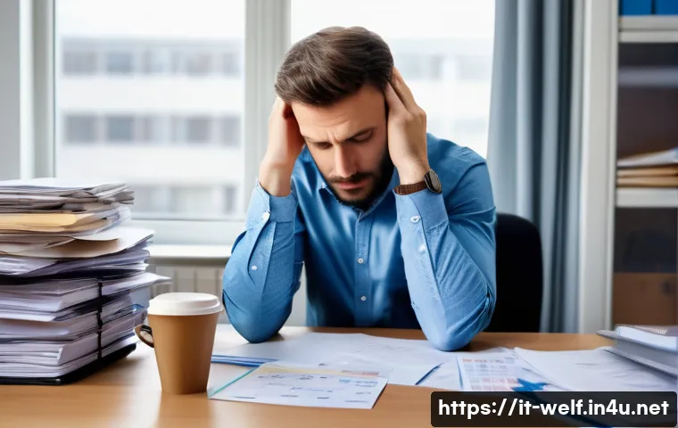 사회복지사 이직 이유 분석 - A stressed social worker sitting at a cluttered desk in a small, modest office filled with paperwork...