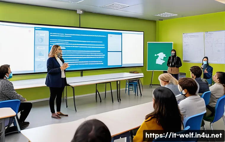 사회복지사 보수교육 필수 항목 - A diverse group of social workers engaged in a dynamic training session inside a modern classroom in...