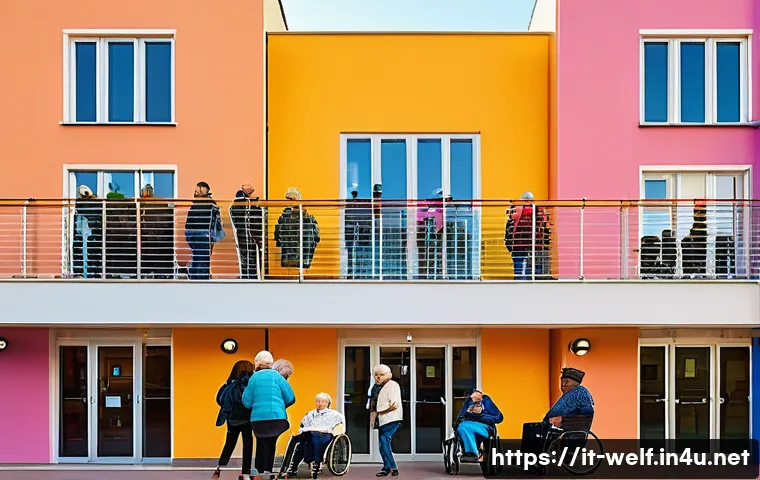 사회복지사 지역 문제 해결 방안 - A vibrant community center in an Italian urban neighborhood, bustling with diverse groups of people ...
