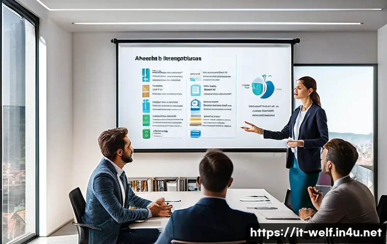 사회복지사 상담 케이스 발표법 - A professional social worker in a modern Italian office setting, presenting a case study to attentiv...