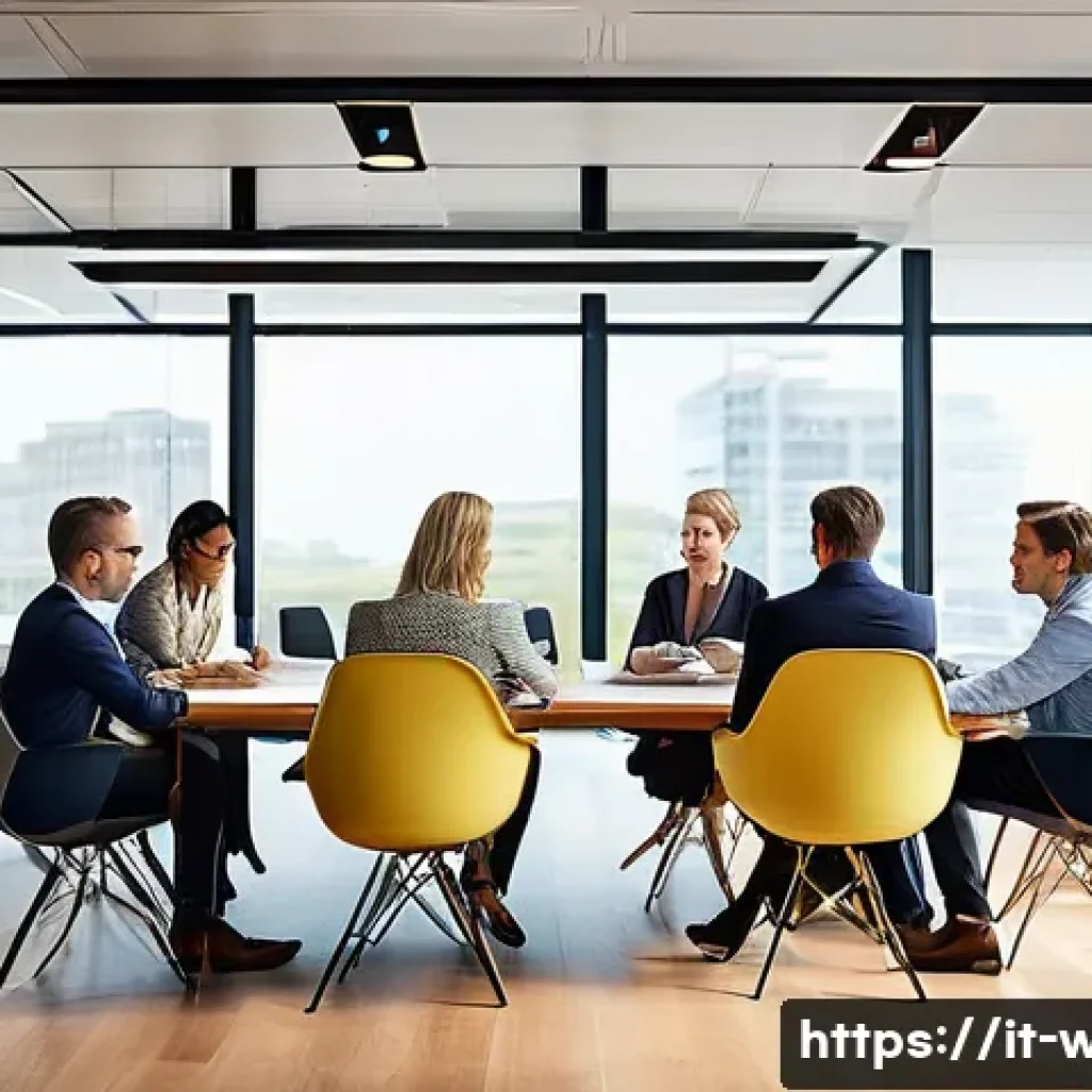 사회복지사 직장 내 갈등 해결법 - A modern office setting with a diverse group of professional colleagues engaged in an open and calm ...