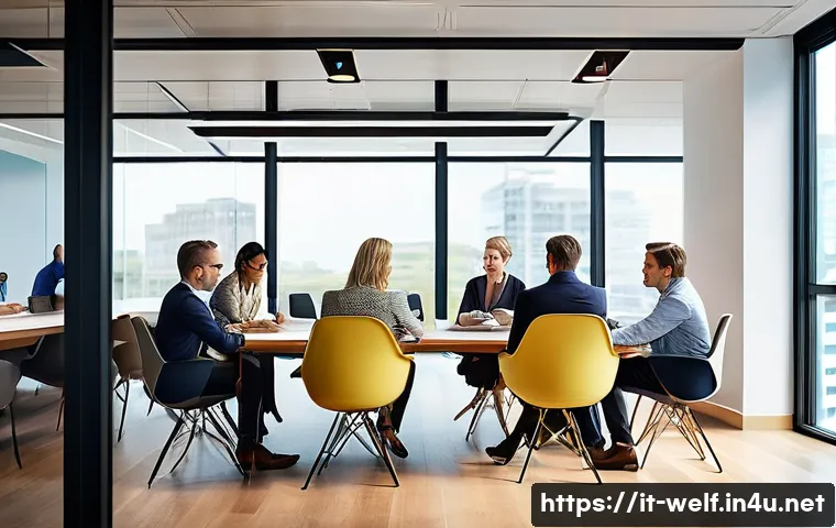 사회복지사 직장 내 갈등 해결법 - A modern office setting with a diverse group of professional colleagues engaged in an open and calm ...