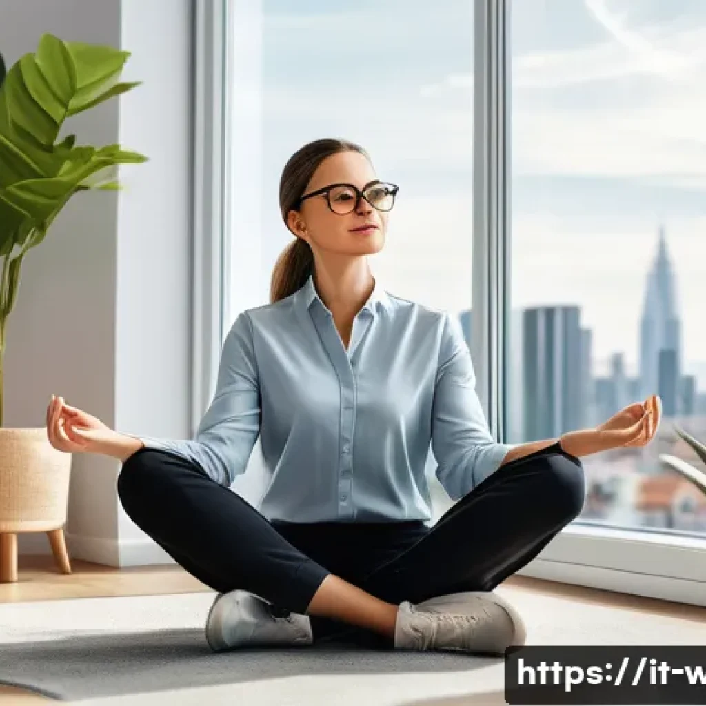 사회복지사 일과 삶의 균형 - A professional social worker taking a mindful break in a bright, modern office, wearing comfortable ...