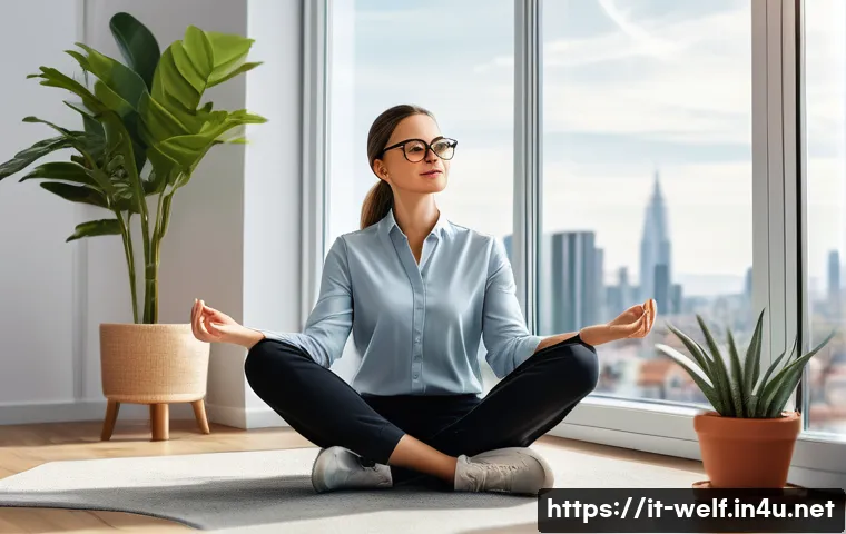 사회복지사 일과 삶의 균형 - A professional social worker taking a mindful break in a bright, modern office, wearing comfortable ...