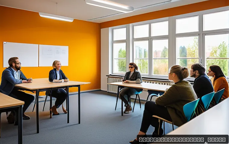 사회복지사 해외 연수 프로그램 - A diverse group of professional social workers in a modern Scandinavian community center, engaging i...