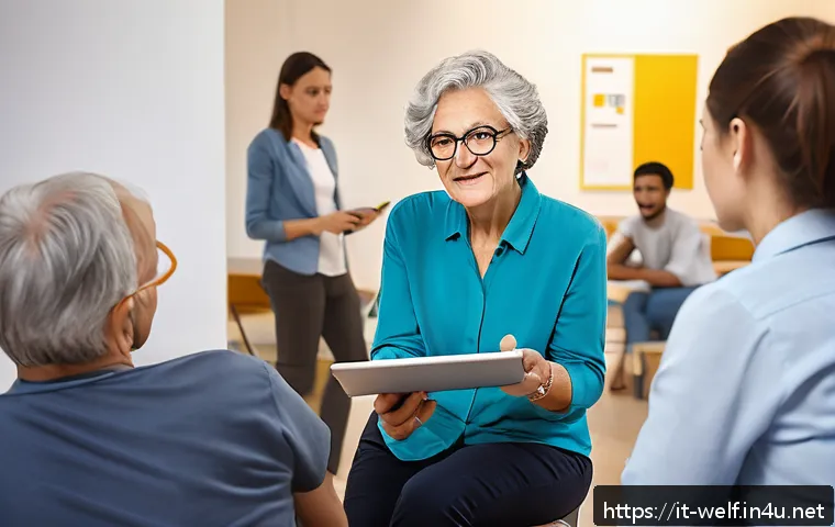사회복지사 자격증 취득 동기 부여 - A professional social worker in a modern Italian community center, engaged in empathetic conversatio...