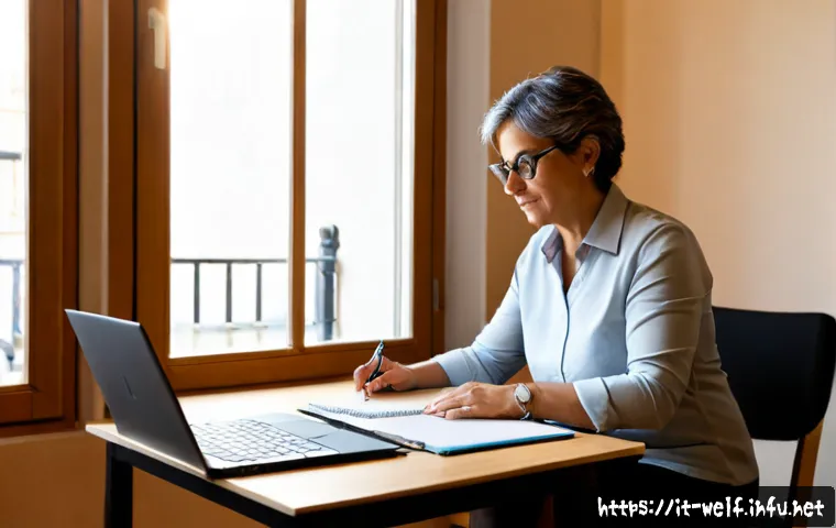 Home 17 사회복지사 재취업을 위한 준비 - Photorealistic middle-aged Italian woman preparing to return to social work, seated at a tidy home o...